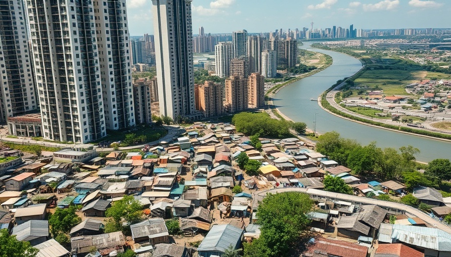 Contrast of slums and high-rise buildings, focusing on poverty and urban growth.