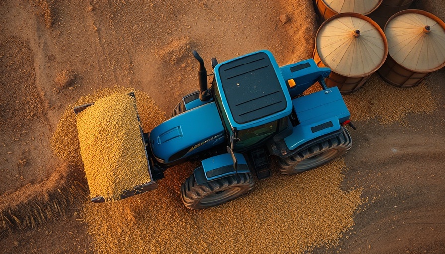 Arial view of tractor unloading wheat for World Food Prize 2025.