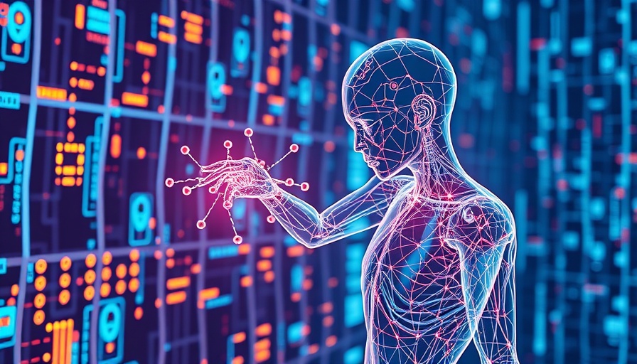 Futuristic digital figure in neon environment exploring AI design.