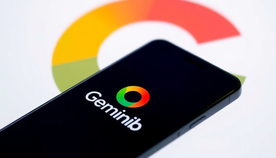 Smartphone with Gemini logo in front of Google logo, modern design.