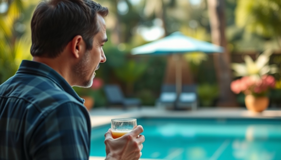 Man in conversation holding tumbler, discussing modern work trends.