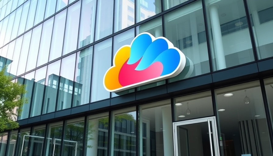 Modern office with colorful cloud logo, AI certification symbol.