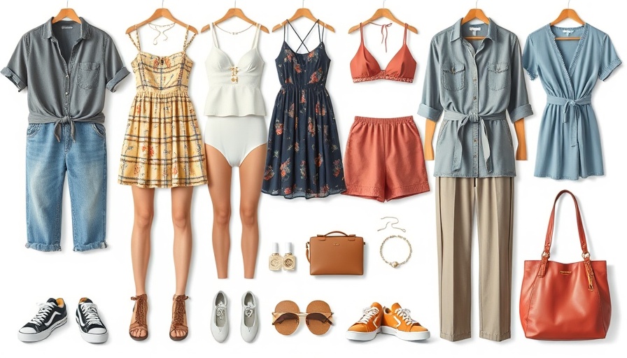 Stylish outfits and items for a Spain packing list on light background.