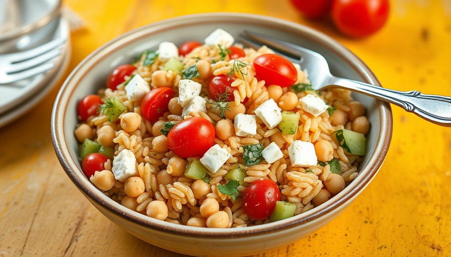 Herby chickpea and feta pasta salad with vegetables on a rustic table.