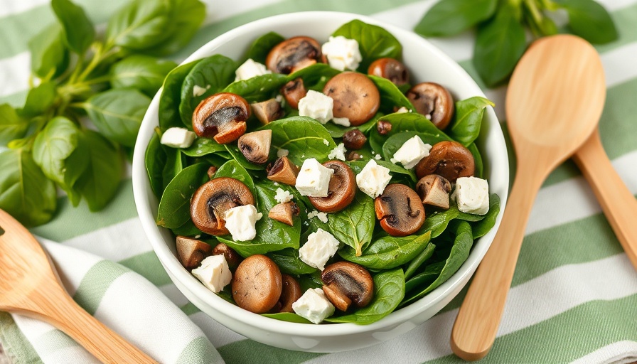 Delicious spinach salad with mushrooms and feta in a white bowl.