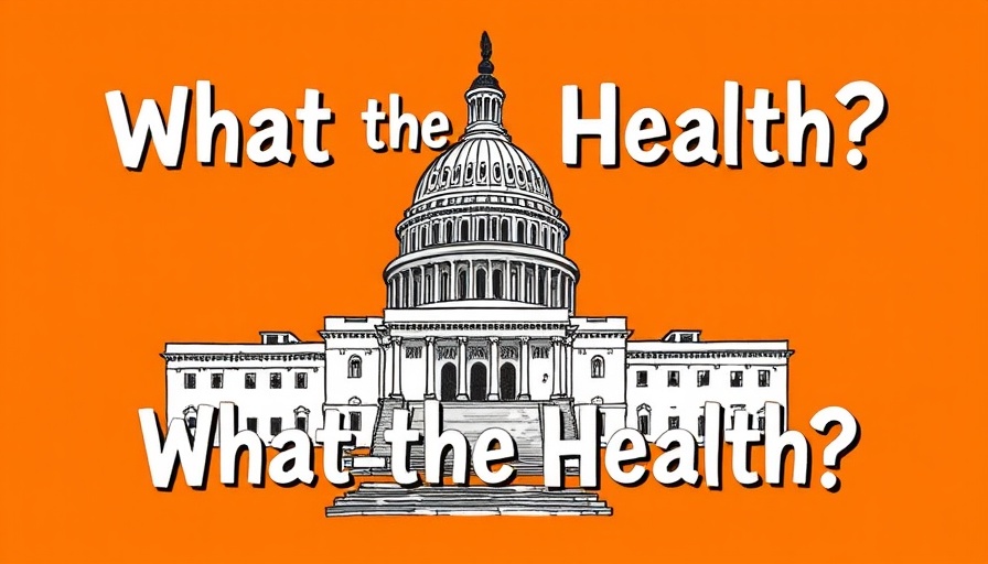 Artistic sketch of U.S. Capitol with 'What the Health?' text on orange background.