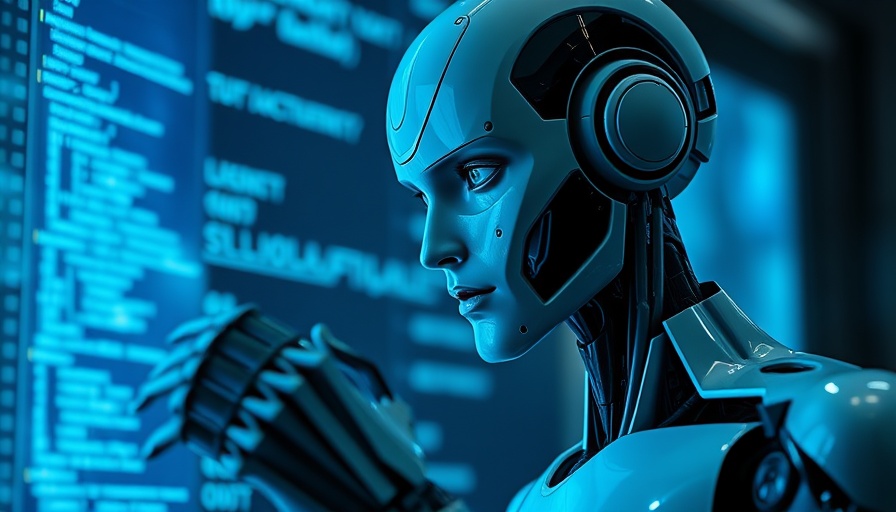 Futuristic robot analyzes code on digital screen in AI model comparison.