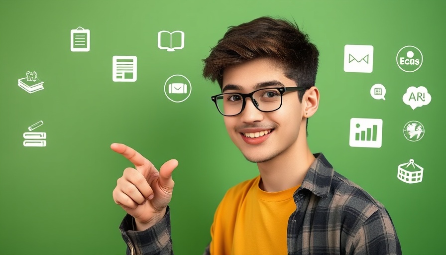 Learn Anything Quickly with AI: Man pointing at educational icons on green background.