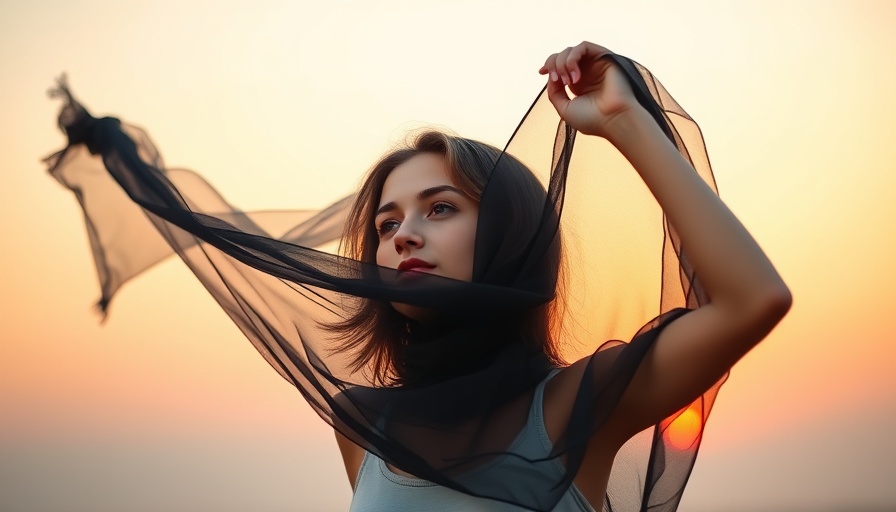 Young woman with sheer scarf at sunset, pondering daily habits.