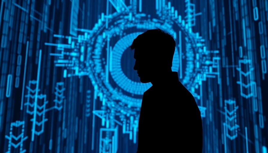 Futuristic illustration of human interacting with generative AI, blue binary code backdrop.