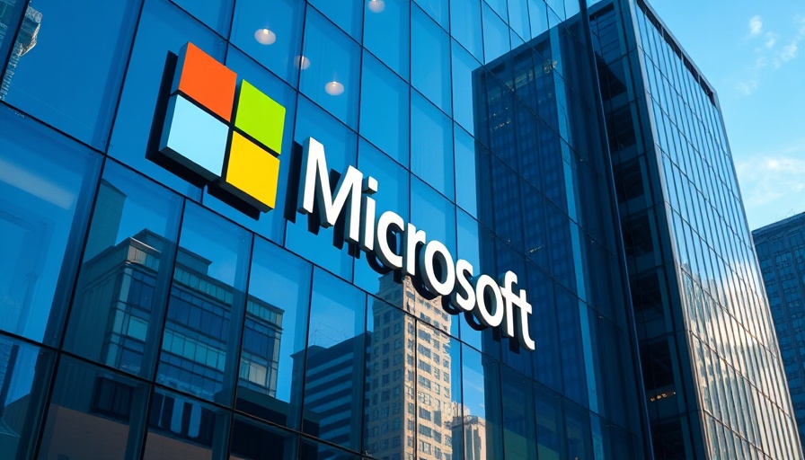 Microsoft logo on glass building, reflecting sky, AI Skills Training.