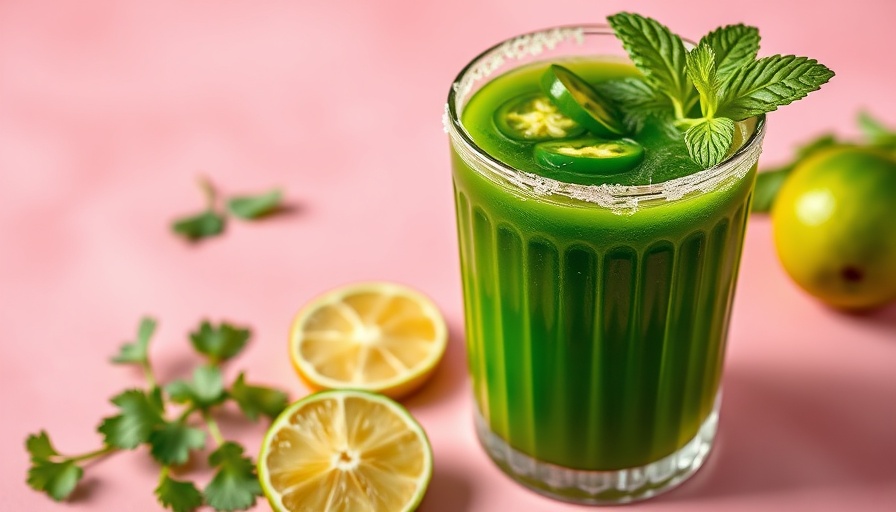 Spiked Tropical Green Juice with mint and jalapeno garnish.