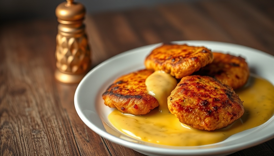 Golden chicken cutlets with mustard sauce on rustic table.