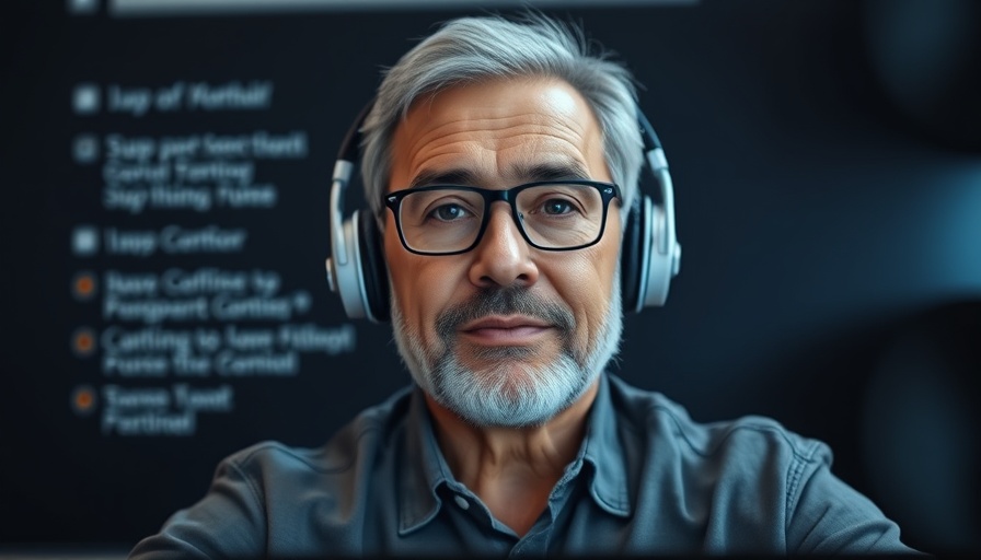 Middle-aged man on video call with dark text backdrop.