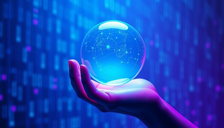 Futuristic digital hand with AI sphere glowing in blue and purple