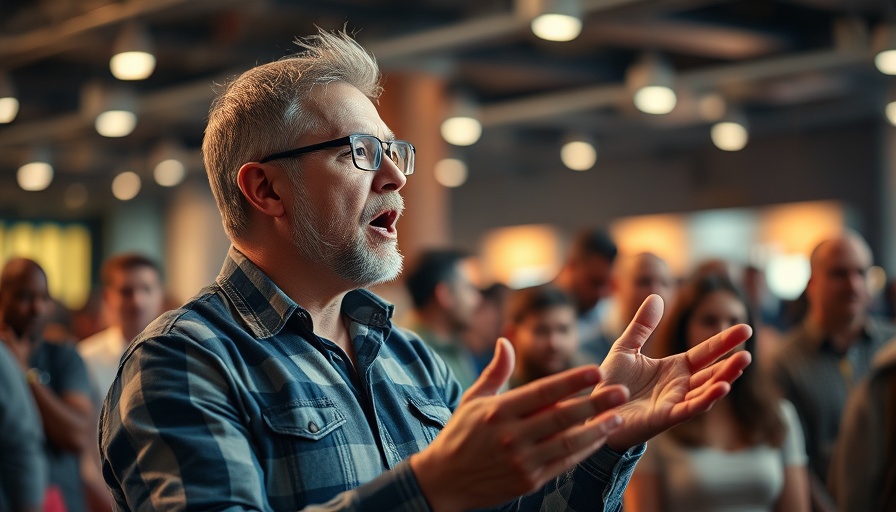 Middle-aged man discussing strategies in engaging indoor setting.