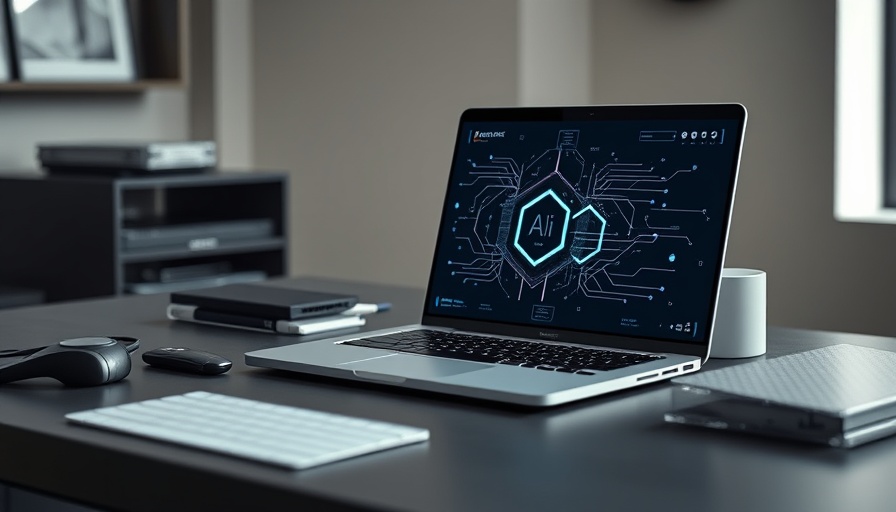 Modern laptop showing AI graphic on office desk for Claude AI model use cases.