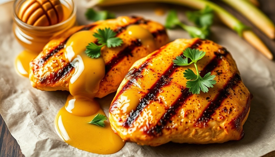 Grilled chicken with honey mustard marinade garnished with parsley.