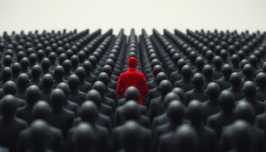 Unique red figure among black silhouettes, illustrating individuality in a crowd.