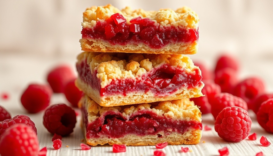 Stack of raspberry bars with oatmeal cookie crumble on a plate.