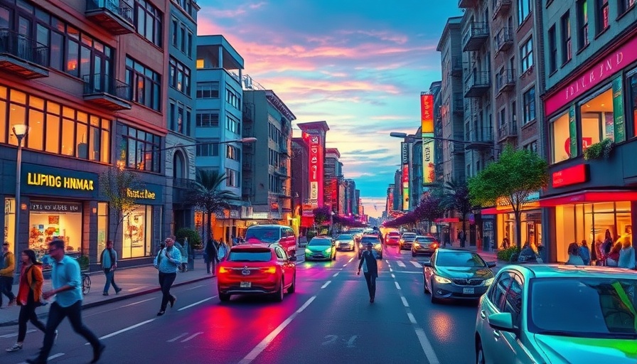 Vibrant lidar scan of a street at dusk showing pedestrians and cars.
