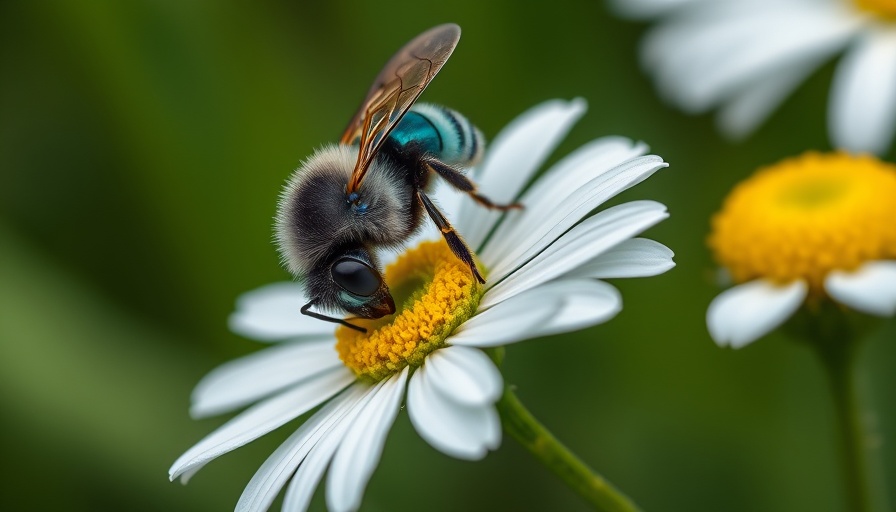 Black and turquoise bee on a white daisy, highlighting emerging threats to bees.