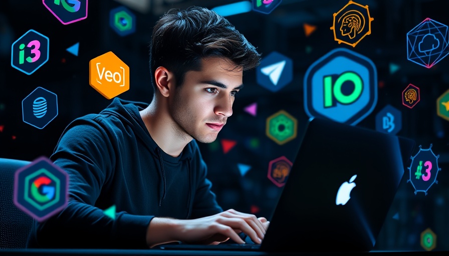 Young man focused on Google AI updates with tech logos in background.
