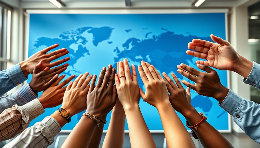 Collaborative teamwork symbol with hands joined over a world map.