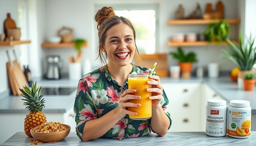 Woman in kitchen with post-workout smoothie ingredients, smiling