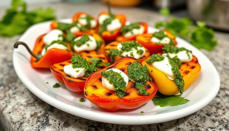 Grilled mini sweet peppers with goat cheese and pesto on a platter.