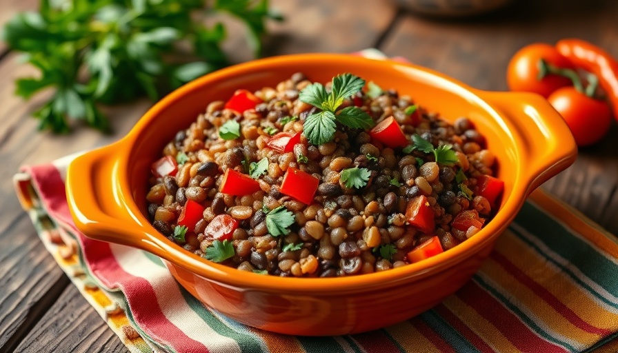 Vibrant lentil salad with green olives in orange bowl on rustic table.
