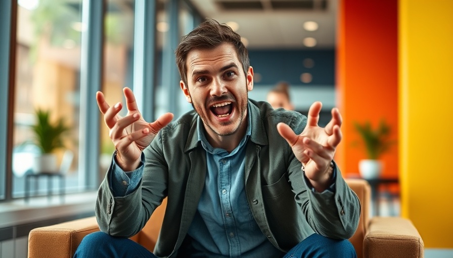 Expressive man gesturing passionately about collaboration in AI technology.