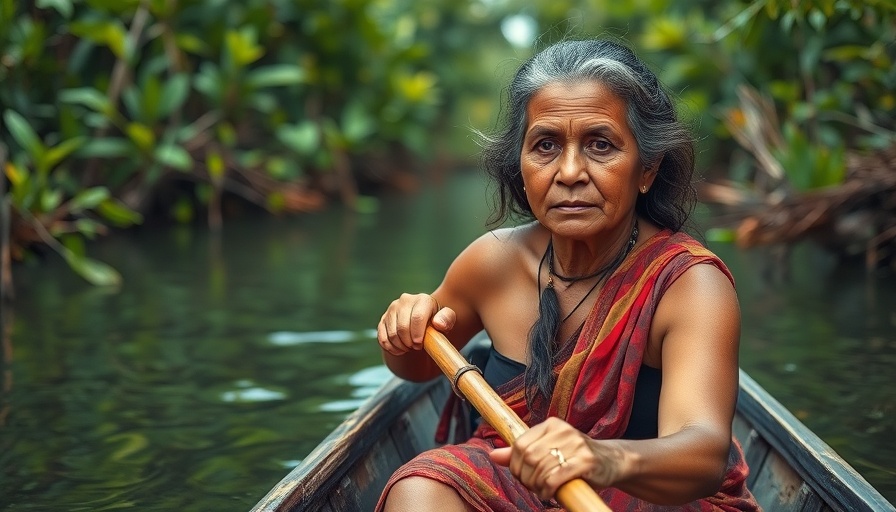 Indigenous woman paddling canoe in mangrove forest, Cultural Values on Indigenous Lands.