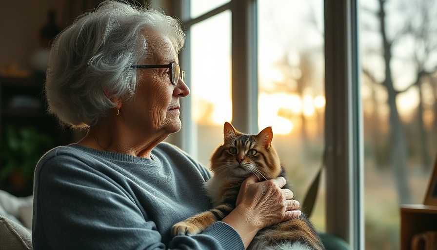 Elderly woman holding a cat by a window, reflecting peace and warmth.