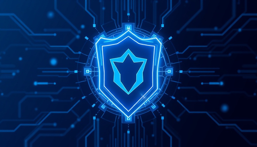 Futuristic digital shield on blue background, symbolizing cybersecurity in AI-led business planning.