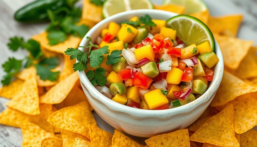 Colorful fresh mango salsa recipe with tortilla chips.
