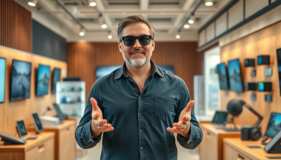 Mature man presenting in tech showroom, showcasing future of smart glasses.