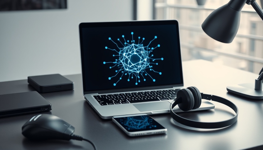 Laptop displaying AI symbol in a tech workspace, smartest AI assistant.