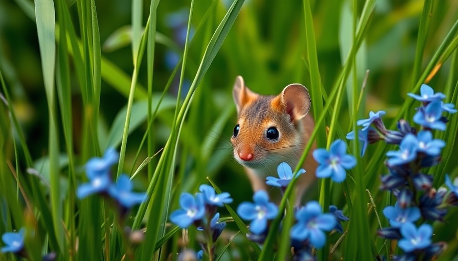 Common laboratory mouse in natural habitat among grass and flowers