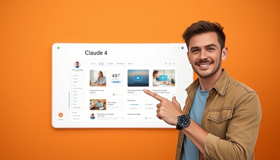 Young man pointing at Claude 4 AI capabilities interface on orange background.