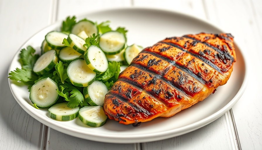 Very Greek Grilled Chicken, appetizingly charred, with creamy cucumber salad.