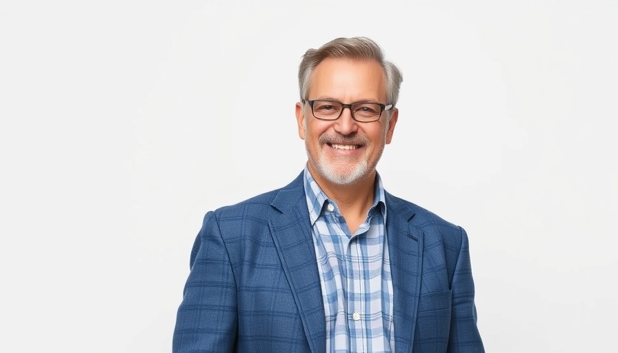 Smiling man in blue plaid blazer, AI-infused concept.