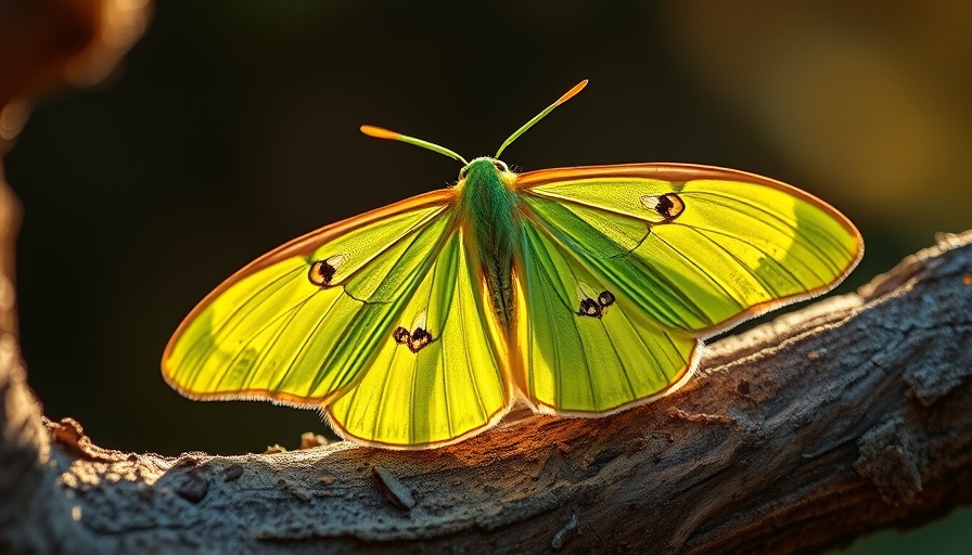 Vibrant moth on branch, highlighting nocturnal pollination.