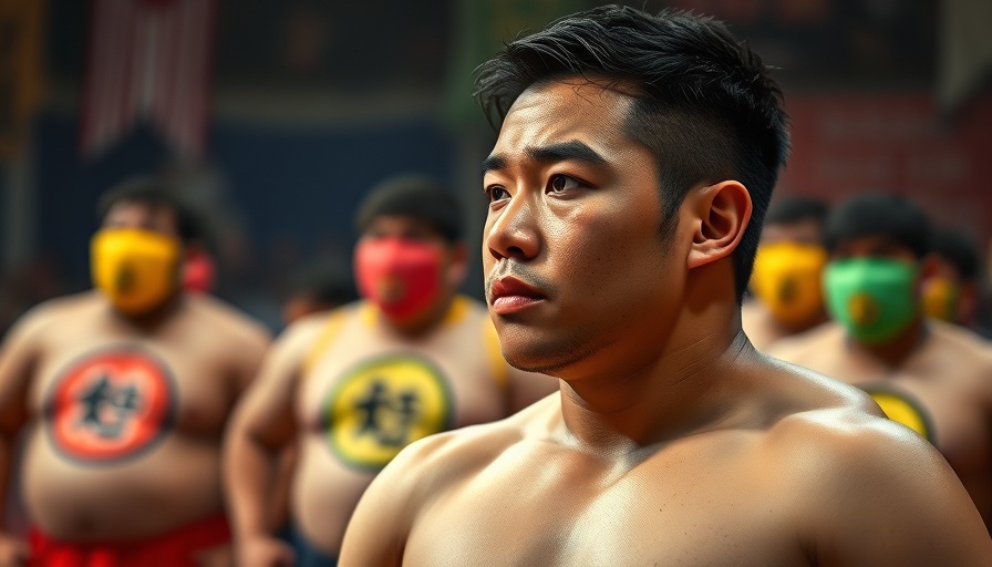 Contemplative young man with sumo wrestlers, AI logos, Google I/O theme.