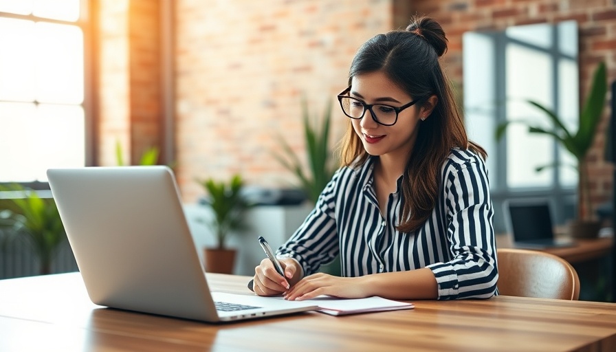 Focused young woman working on brand messaging in sales copy at a laptop.