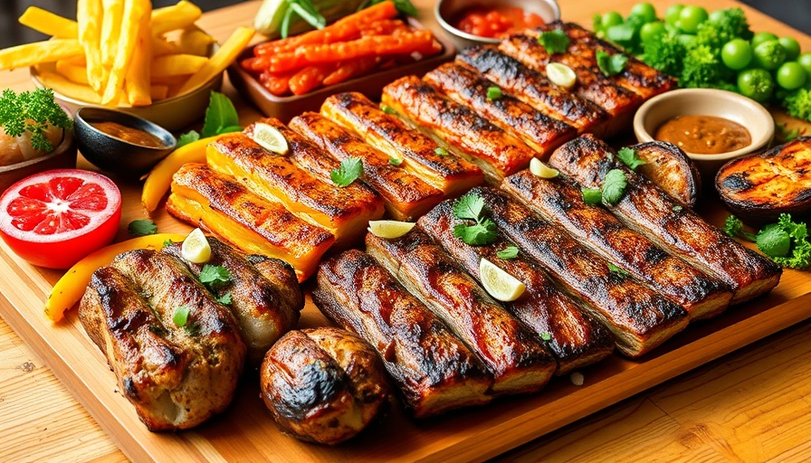 Colorful low-carb grilling recipes displayed on plates.