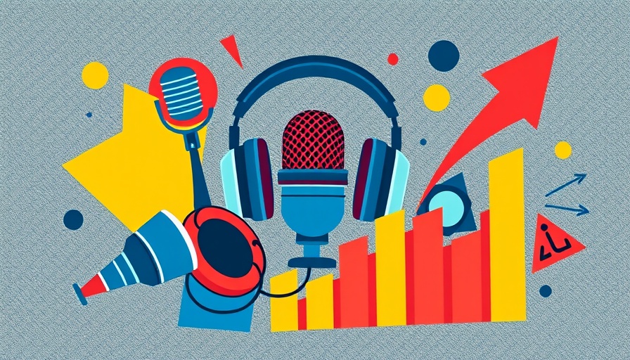 Stylized collage depicting podcast theme with abstract microphones and headphones.