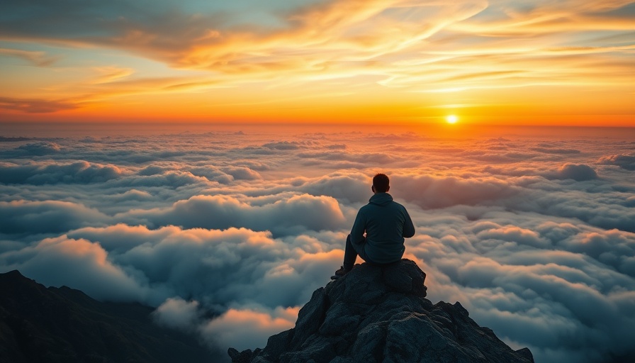 Solitary figure contemplating over clouds at sunrise.