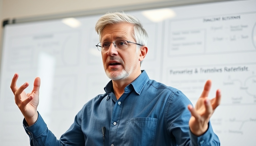 Passionate speaker explains starting an AI business concept during presentation.