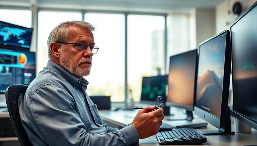 Elderly man experiencing digital overload at home office.
